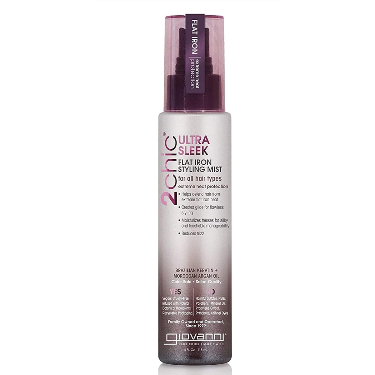 GIOVANNI 2chic Ultra-Sleek Flat Iron Styling Mist, Heat Protection, 4 oz