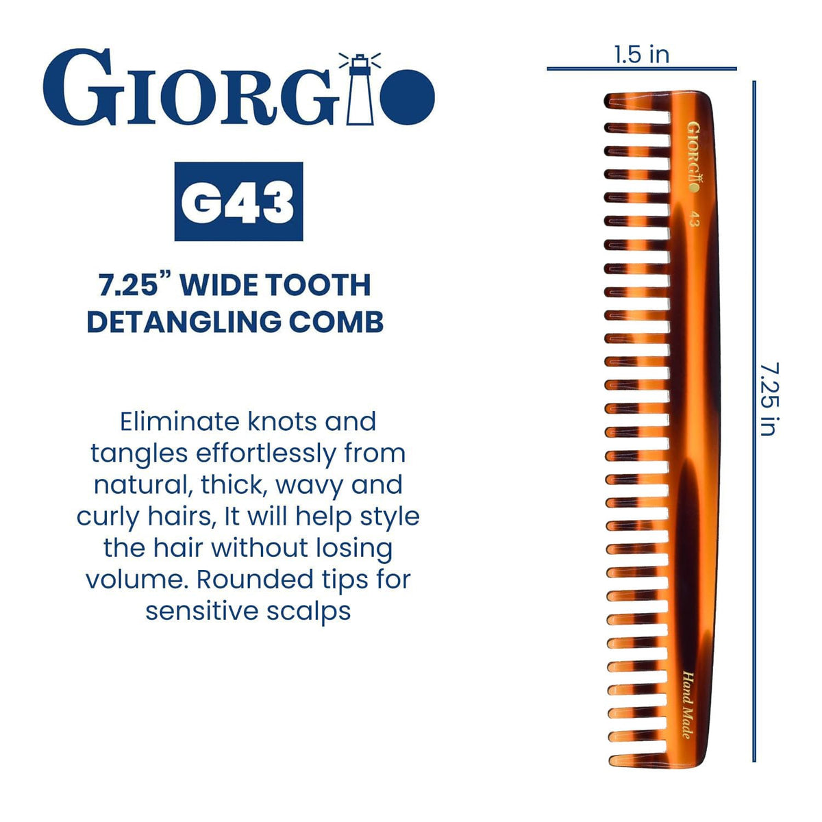 Giorgio G43 Large 7.25 Inch Detangling Comb, Wide Teeth for Thick Curly Wavy Hair. Long Hair Detangler Comb For Wet and Dry. Handmade of Quality