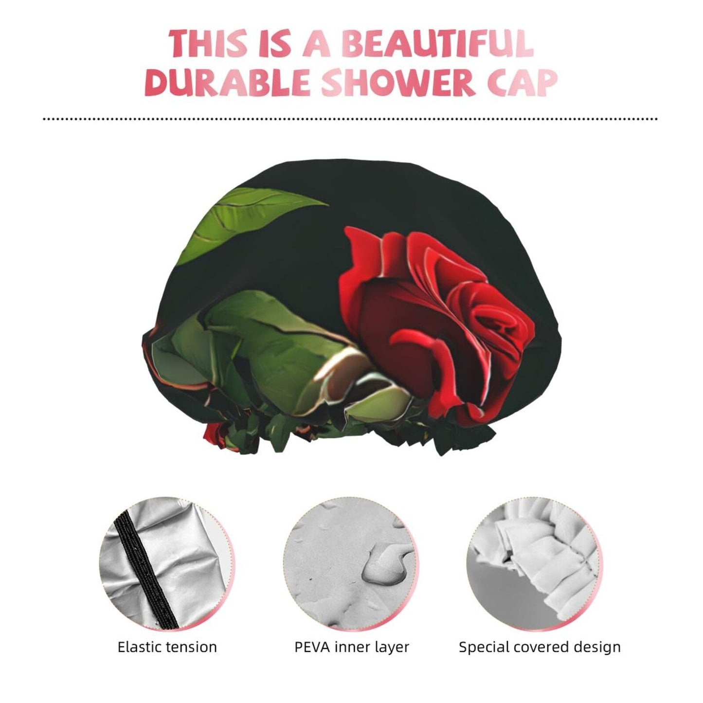 Red Roses Printed Double Layer Lined Shower Cap,Shower Caps For Women Reusable Beauty and Personal Care BEIVGOXL