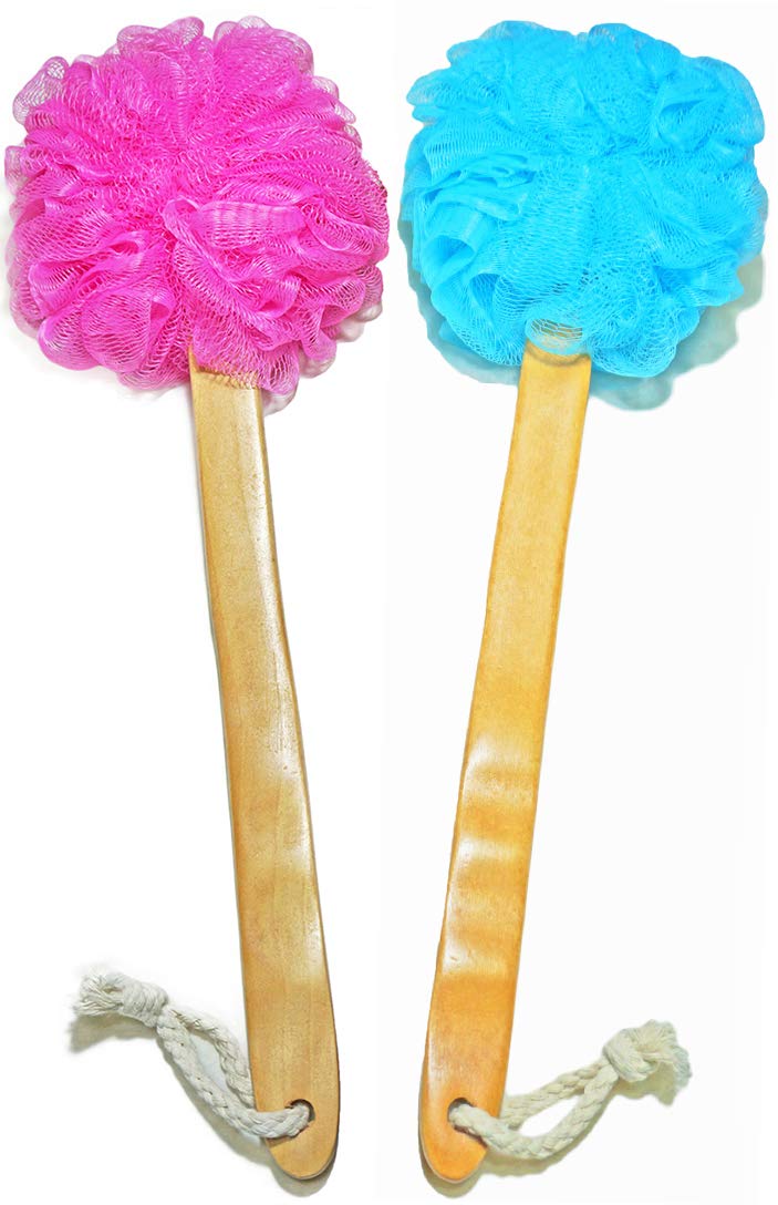 Shower Loofah Body & Back Scrubber - Exfoliating Loofah Bath Brush On a Stick - with Long Wooden Handle Back Brush for Men & Women - Easy Reach Body Beauty & Personal Care JINS-Hung