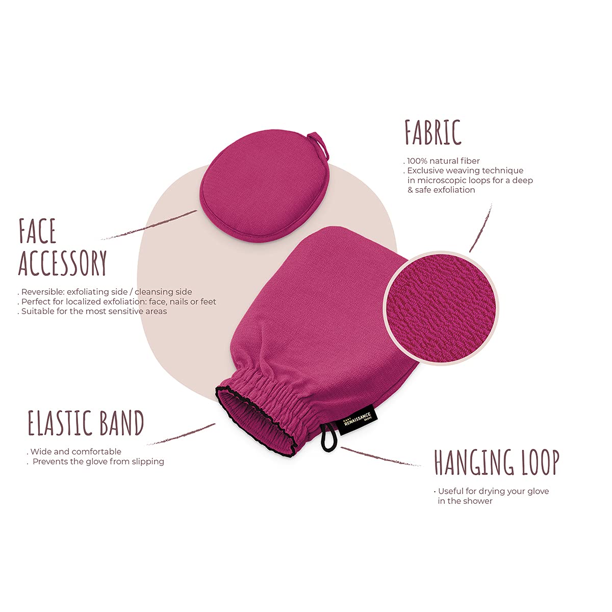 Renaissance Glove a body Exfoliating Mitt with face scrubbing accessory by Daniele Henkel - Vegan more effective & resistant than a loofah, brush or Beauty & Personal Care LE GANT RENAISSANCE