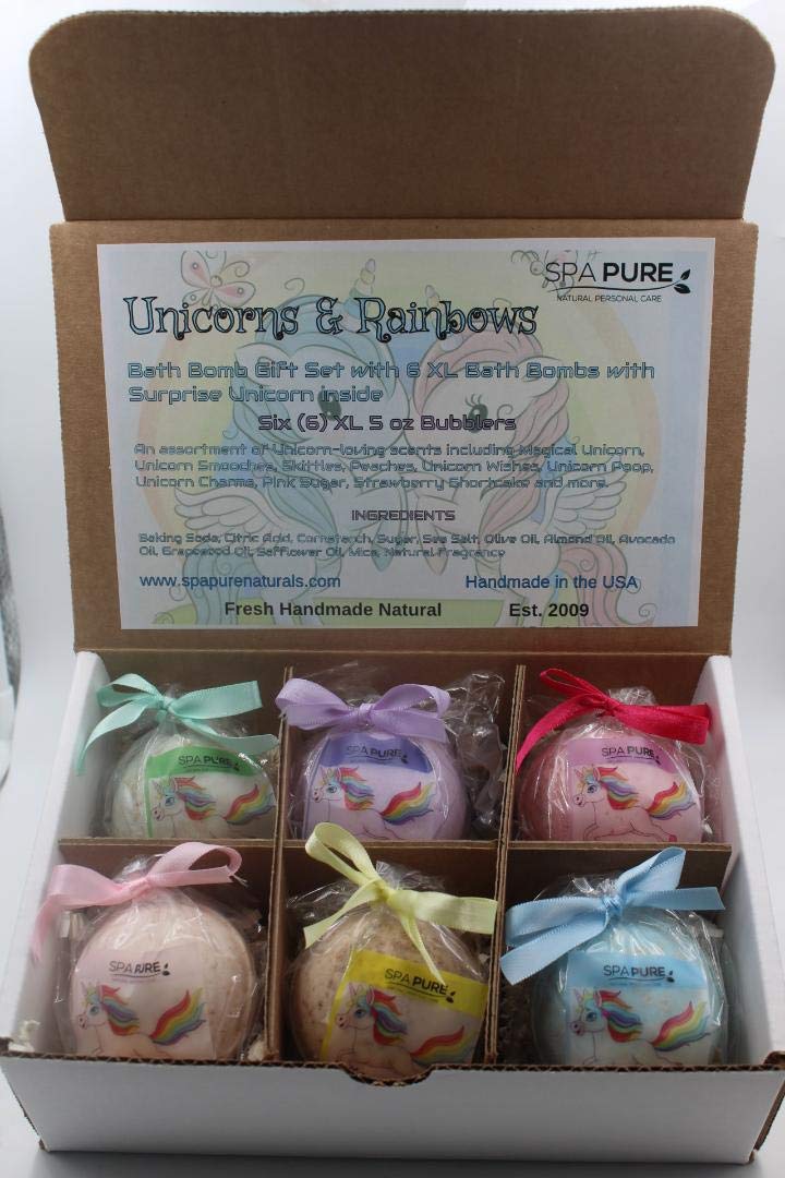 SPAPURE Unicorns and Rainbows - Bath Bomb Gift Set with 6 XL Unicorn bath bombs with surprise unicorns inside, USA Made, Handmade, Natural Bath Bombs Beauty and Personal Care Spa Pure