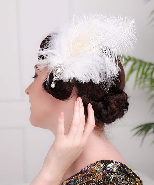 Aimimier 1920s Flapper White Feather Headpiece Crystal Pendant Hair Clip Roaring 20s Feather Accessories Masquerade Hair Jewelry for Women Beauty & Personal Care Aimimier