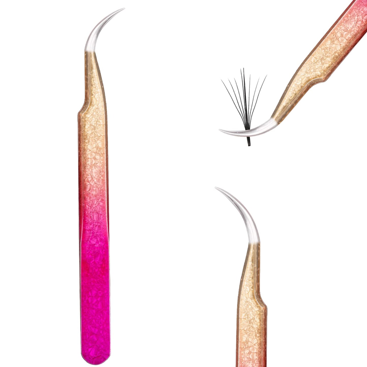 Miuffue Curved Eyelash Extension Tweezers Gold Pink Gradient Ice Crack Precision Stainless Steel Lash Extension Tweezers for Making Volume And Classic Beauty and Personal Care Miuffue