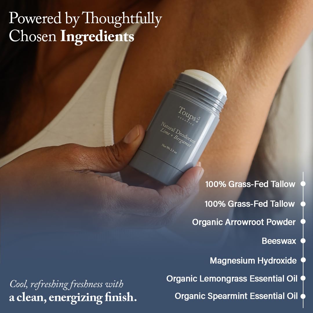 Toups & Co Natural Lemongrass & Mint Deodorant - Aluminum & Baking Soda Free - Grass-Fed Tallow Formula - Long-Lasting Odor Protection - Gentle Beauty and Personal Care Toups and Co