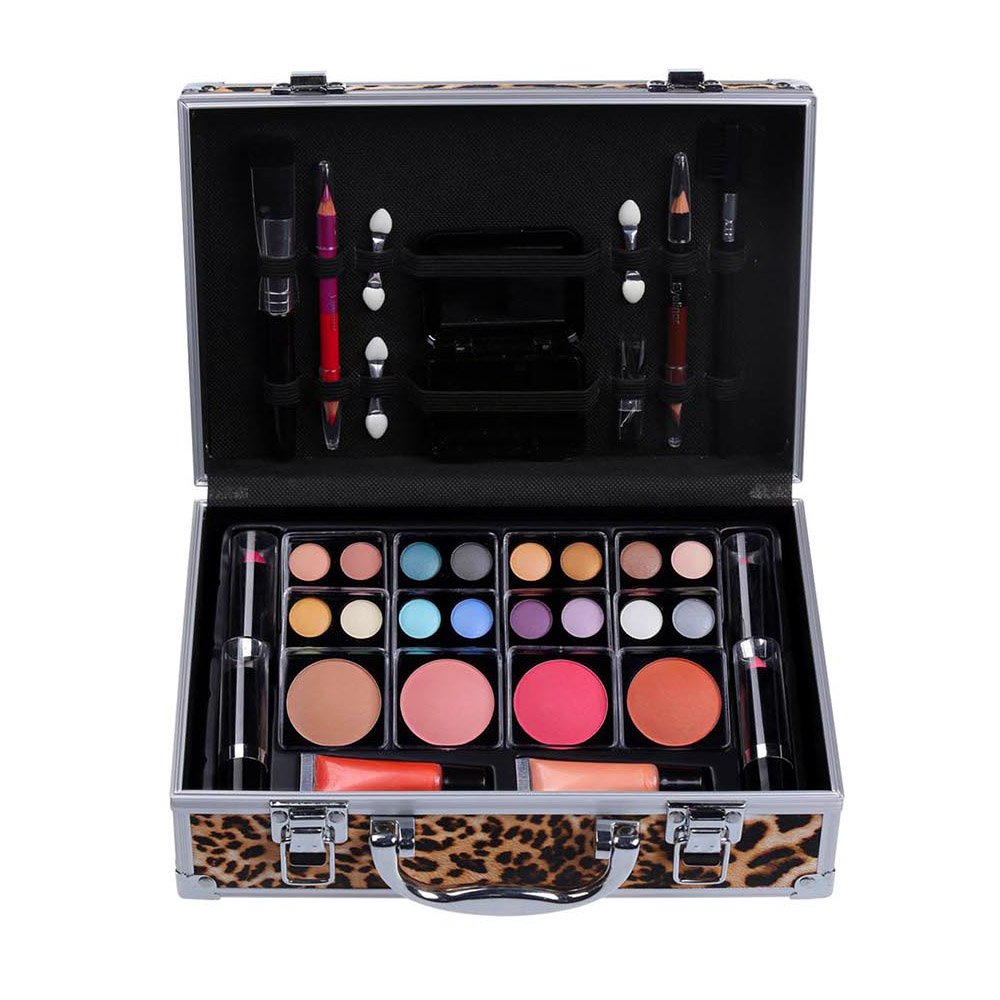 Cameo Cosmetics Premium 51pc Beauty Case Make Up Set with Reusable Aluminum Leopard Case - Eyeshadows, Lipsticks, Blushers, Lip Glosses, Brushes,