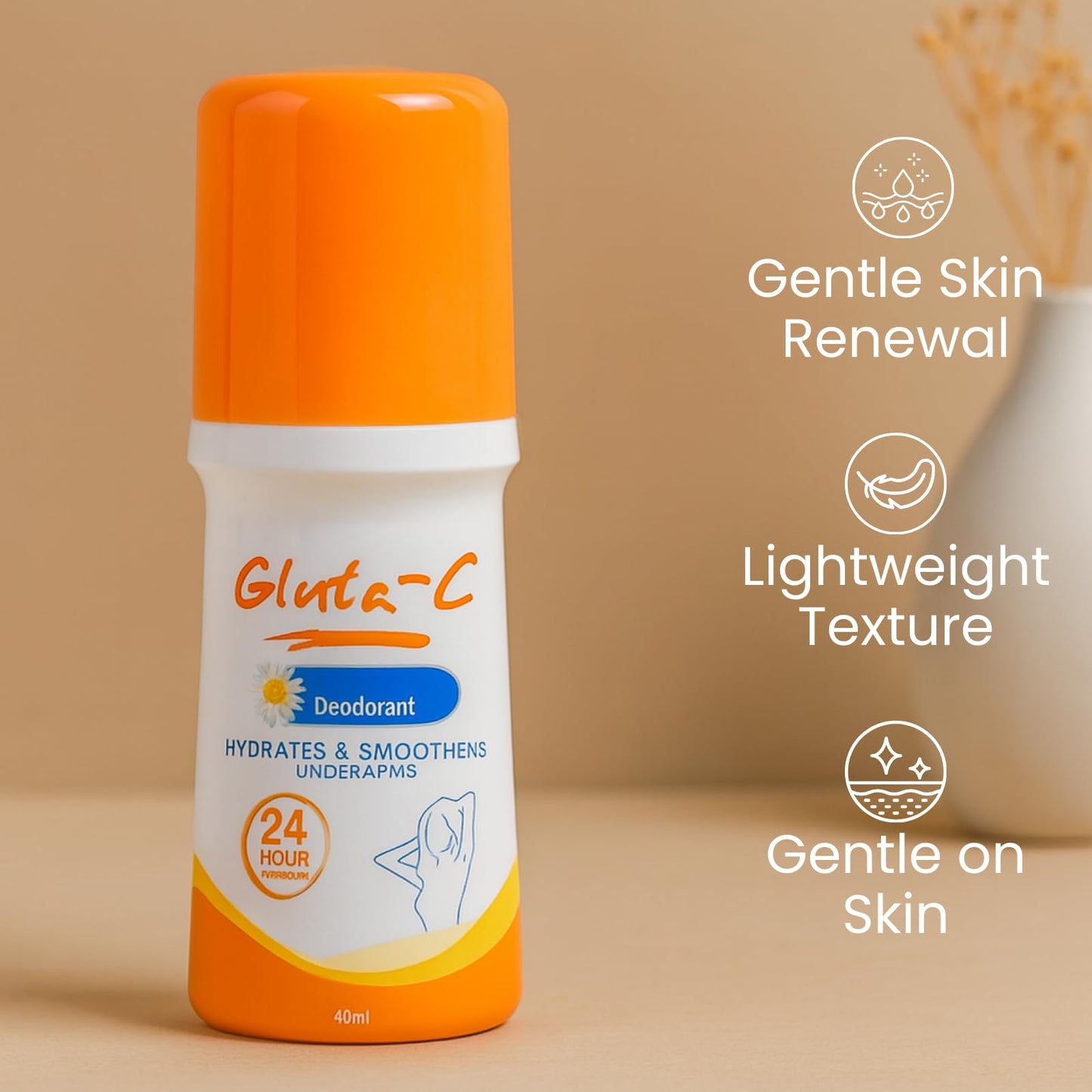 Gluta-C Deodorant Roll-On, 24-Hour Odor and Sweat Protection, Smoothens and Hydrates Underarm Skin, Paraben-Free, Quick-Dry, 40ml for Women & Men - 2 Beauty and Personal Care Gluta-C