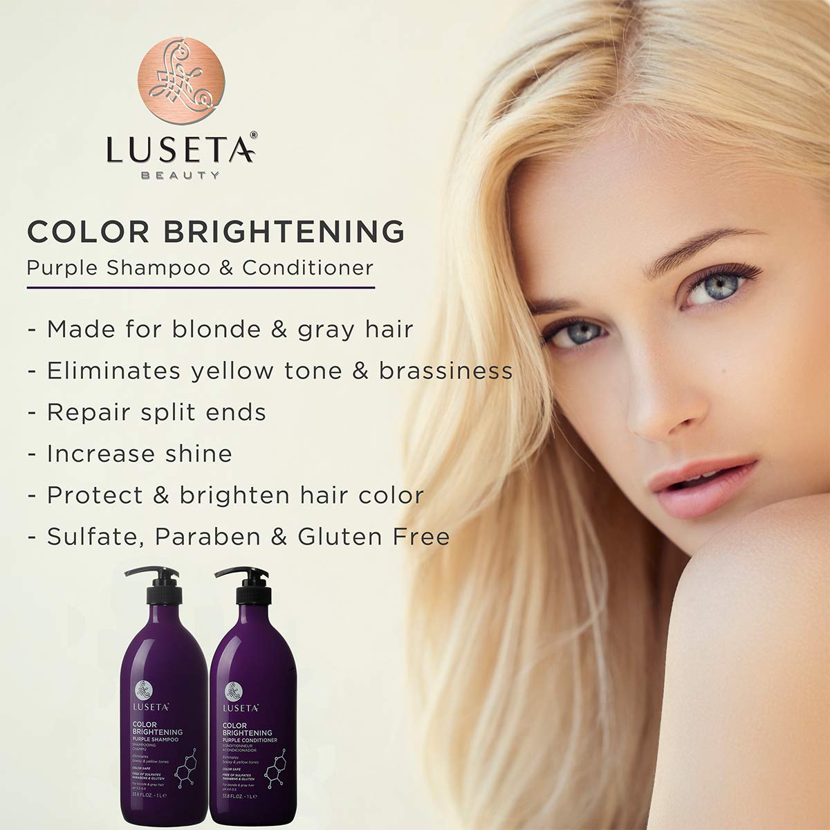 L LUSETA Color Brightening Purple Shampoo and Conditioner Set for Blonde and Gray Hair, Infused with Cocos Nucifera Oil to Help Nourish, Moisturize Beauty & Personal Care L LUSETA