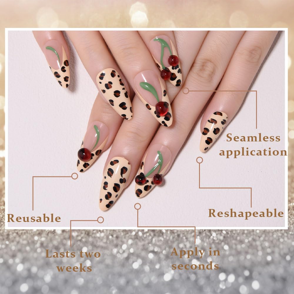 XZMeiLun Spring & Summer 3D Cherry Leopard Print Press On Nails, Medium Almond Cheetah French Tip, Salon Quality Designer Reusable Acrylic Fake Nails Beauty and Personal Care XZMeiLun