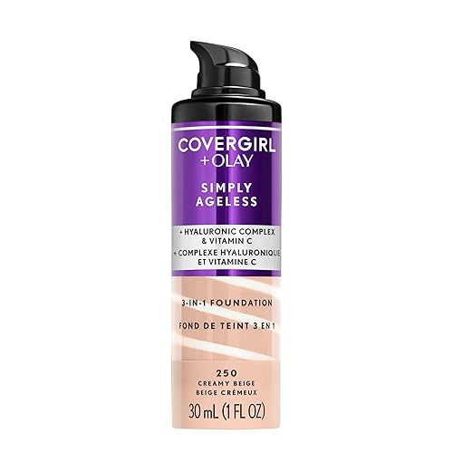 COVERGIRL & Olay Simply Ageless 3-in-1 Liquid Foundation, Matte Finish, Hyaluronic & Vitamin C Formula, 250 Creamy Beige, 1 Count Beauty & Personal Care COVERGIRL
