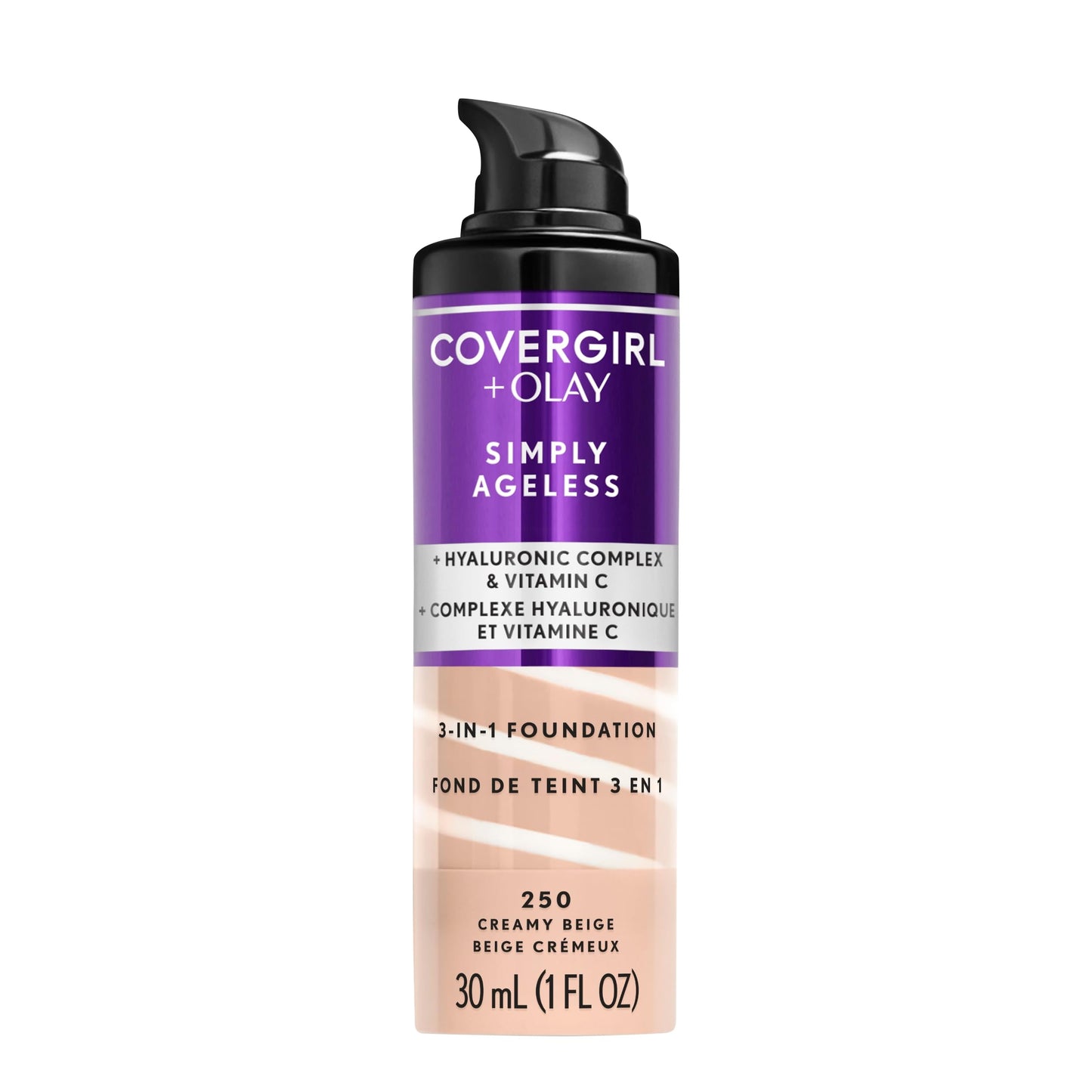 COVERGIRL & Olay Simply Ageless 3-in-1 Liquid Foundation, Matte Finish, Hyaluronic & Vitamin C Formula, 250 Creamy Beige, 1 Count Beauty & Personal Care COVERGIRL