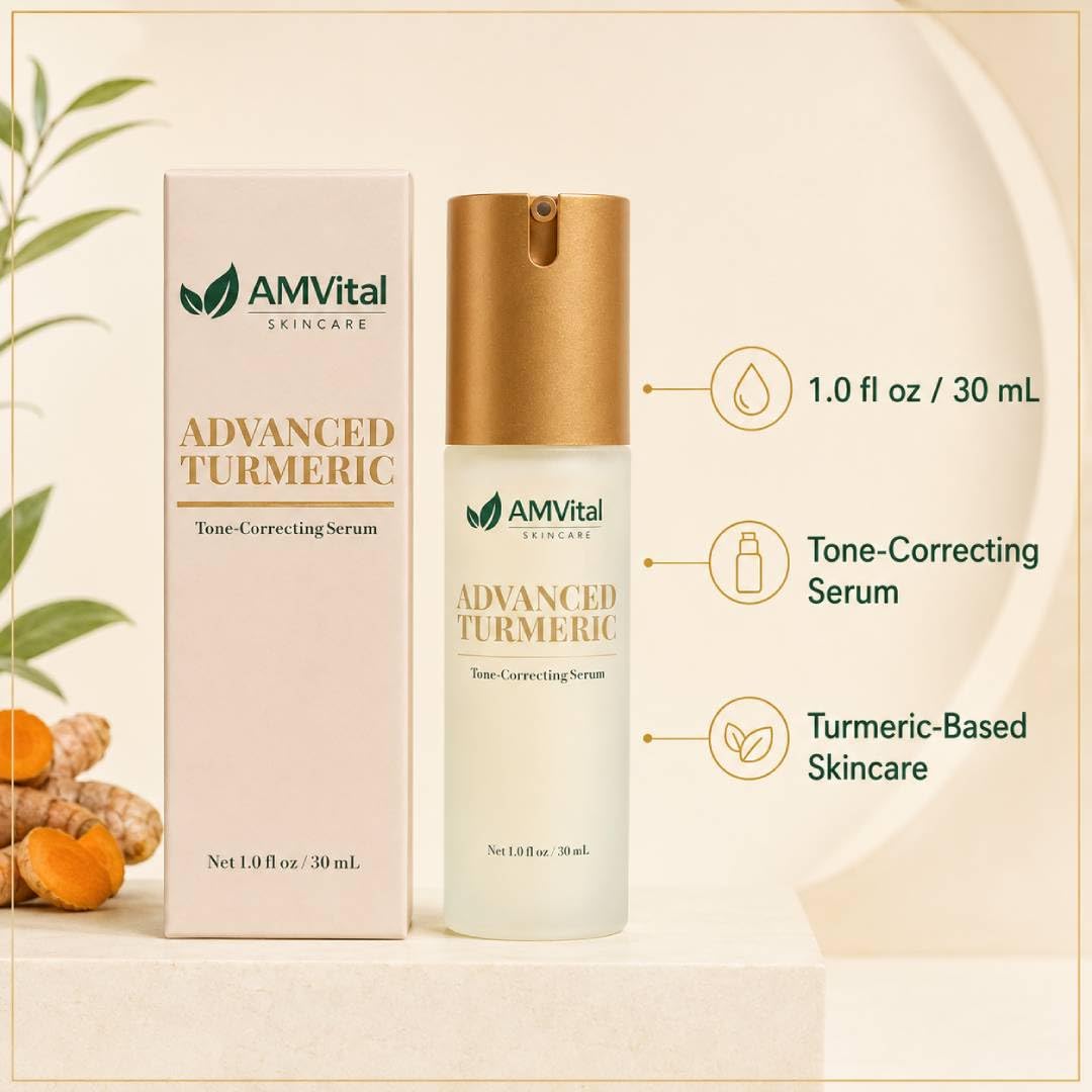 AMVital Advanced Turmeric Tone-Correcting Serum, Lightweight Daily Face Serum for Uneven-Looking Tone, Dullness & Dark Spots, Turmeric-Based Skin Beauty & Personal Care AMVital