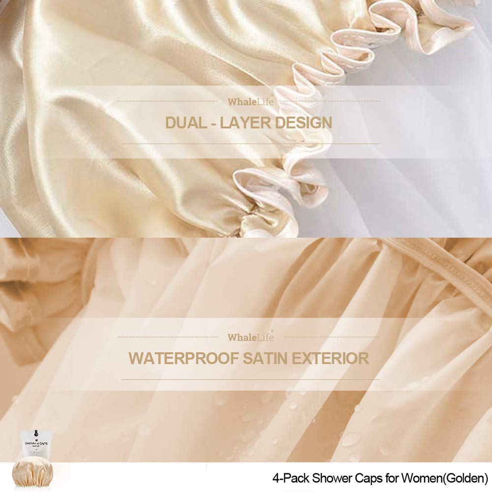 Shower Cap for Women Reusable Extra Large Shower Cap for Men (Golden 4 Pack Large) Satin Double Layer EVA Waterproof Long Hair Cap Beauty & Personal Care WhaleLife