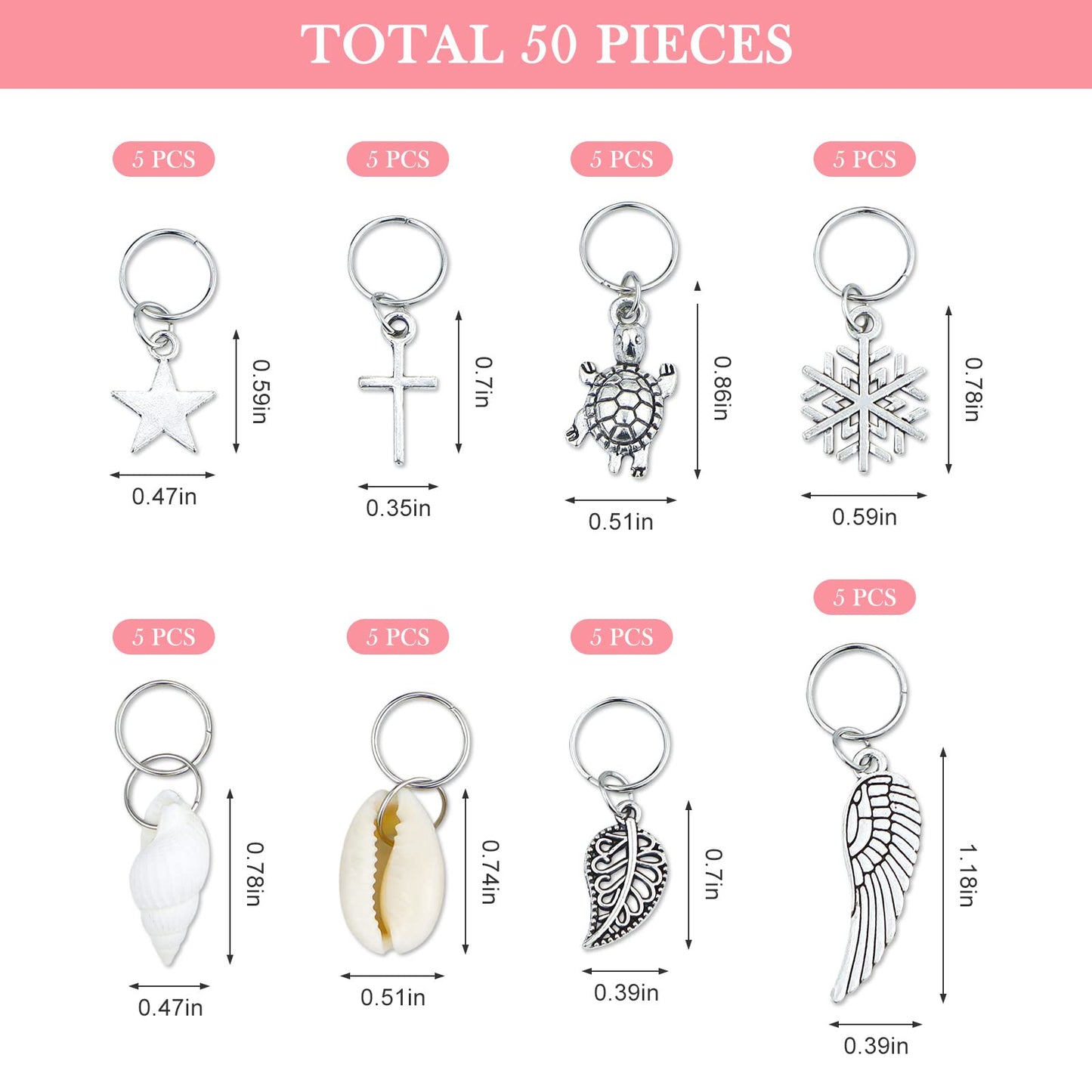 JIALEEY Hair Braid Rings, 50PCS Hair Loops Clips Silver Ring Shell Leaves Star Conch Snowflake Pendant Charms Set Hair Clip Headband Accessories Beauty & Personal Care JIALEEY