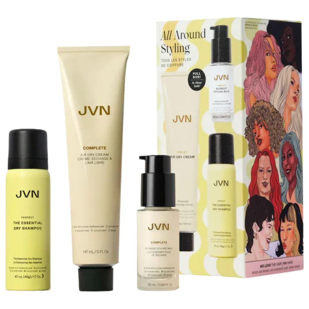 JVN All Around Hair Styling Gift Set - Air Dry Cream, Blowout Styling Milk & Dry Shampoo for Frizz Control, Heat Protection & Style Refresh Beauty & Personal Care JVN