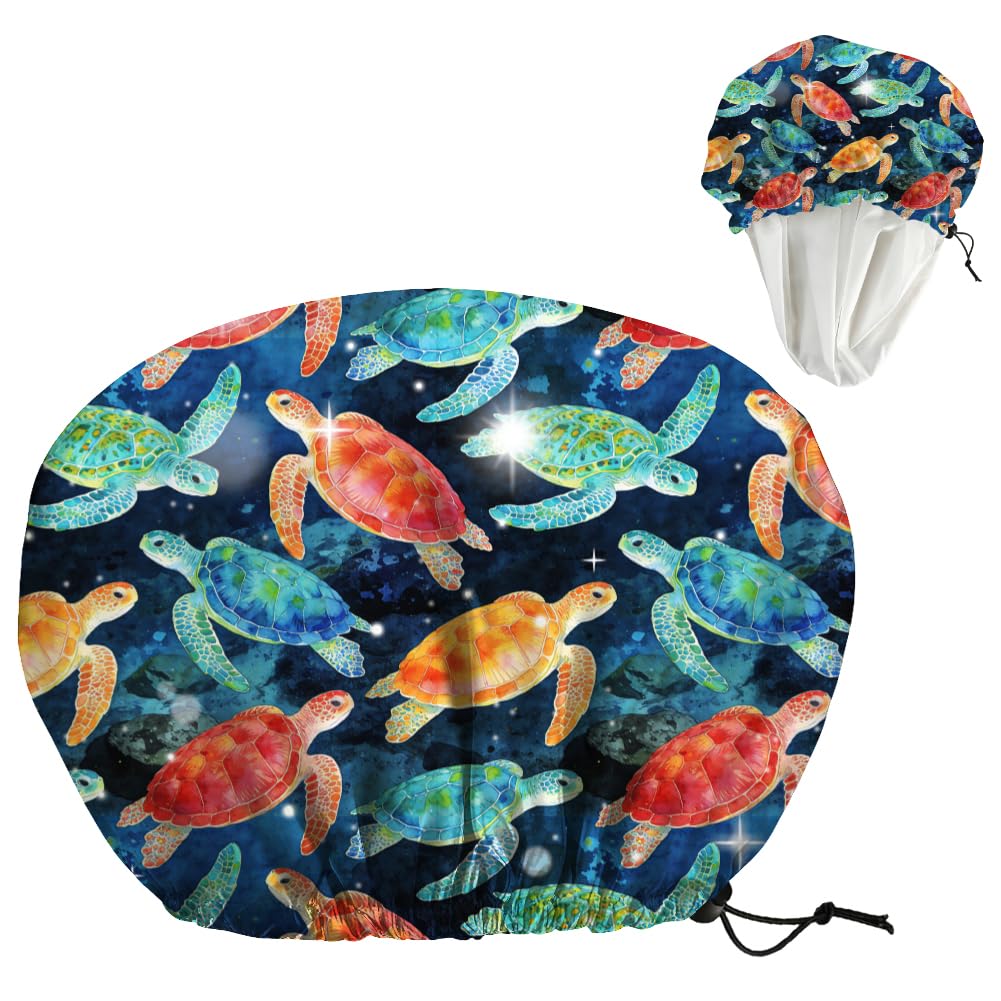 DELORIGIN Sea Turtle Reusable Shower Cap Ocean Double Layer Waterproof Shower Caps Large Elastic Hair Cover Adjustable Hair - Drying Caps for Woman Beauty and Personal Care DELORIGIN