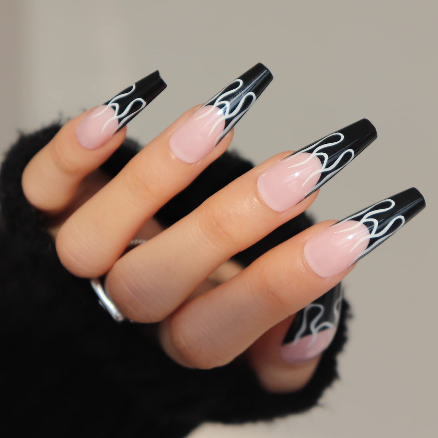 BABALAL Long Press on Nails Coffin Fake Nails Black French Tip Glue on Nails Glossy Acrylic Nails Gothic Falme Design Ballerina False Nails for Women Beauty & Personal Care BABALAL