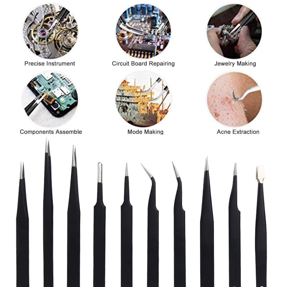 JIAN YA NA ESD Tweezers Tools Kit 10PCS Anti-static ESD Precision Anatomically Shaped Stainless Steel Tweezers with Storage Bag for Electronics Lab Beauty and Personal Care JIAN YA NA