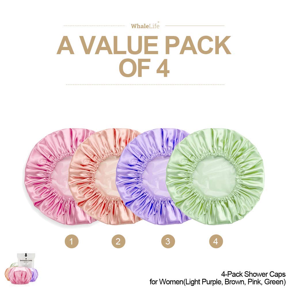 Shower Cap for Women Reusable Extra Large Shower Caps for Men Satin Double Layer EVA Waterproof Long Hair Caps(Light Purple, Brown, Pink, Green 4 Beauty & Personal Care WhaleLife