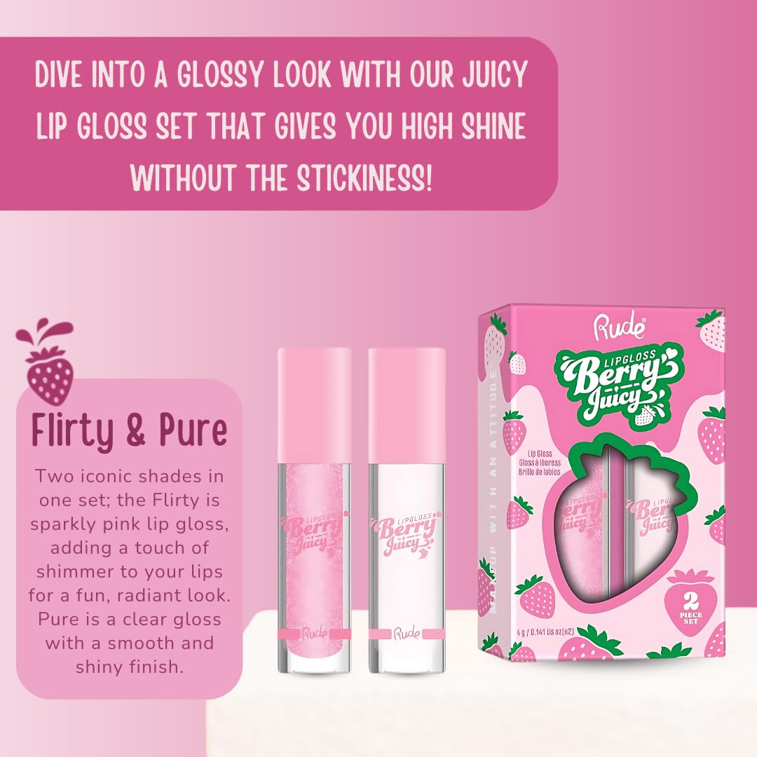 RUDE Cosmetics Berry Juicy Lip Gloss Duo, High Shine Lip Glosses Set, Moisturizing & Hydrating Lipgloss, Ideal for Day & Night Makeup Looks, Pure & Beauty & Personal Care RUDE