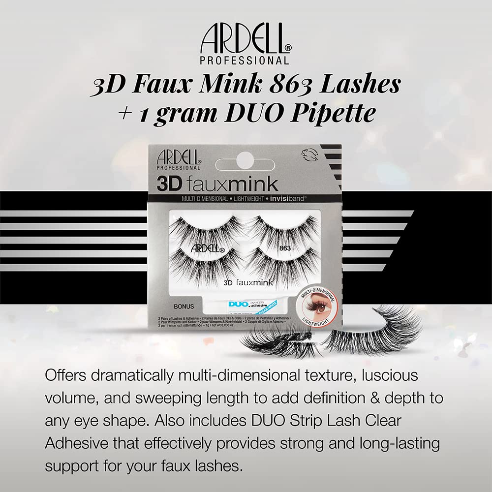Ardell 3D Faux Mink Lashes 863 with DUO Lash Adhesive Pipette, 1g - Long-Lasting, Natural Look False Eyelashes, 1 Pack Beauty & Personal Care Ardell
