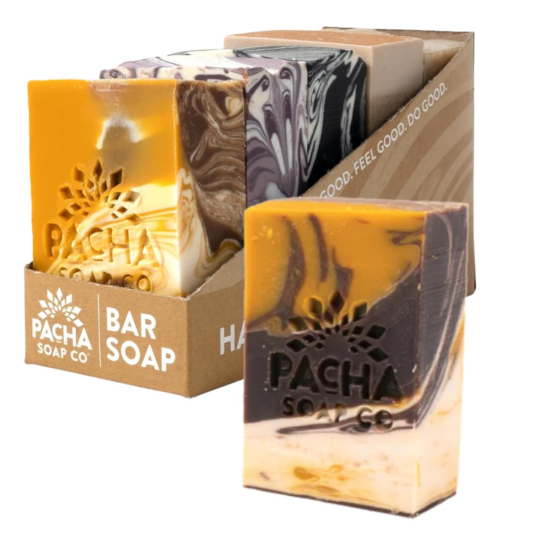 Pacha Soap Co. Bar Soap, Fan Favorites, 5-Pack (4 oz ea) - Almond Goat’s Milk, Dirty Hippie, Charcoal, French Lavender, & Golden Chai - Premium Beauty & Personal Care Pacha Soap Co