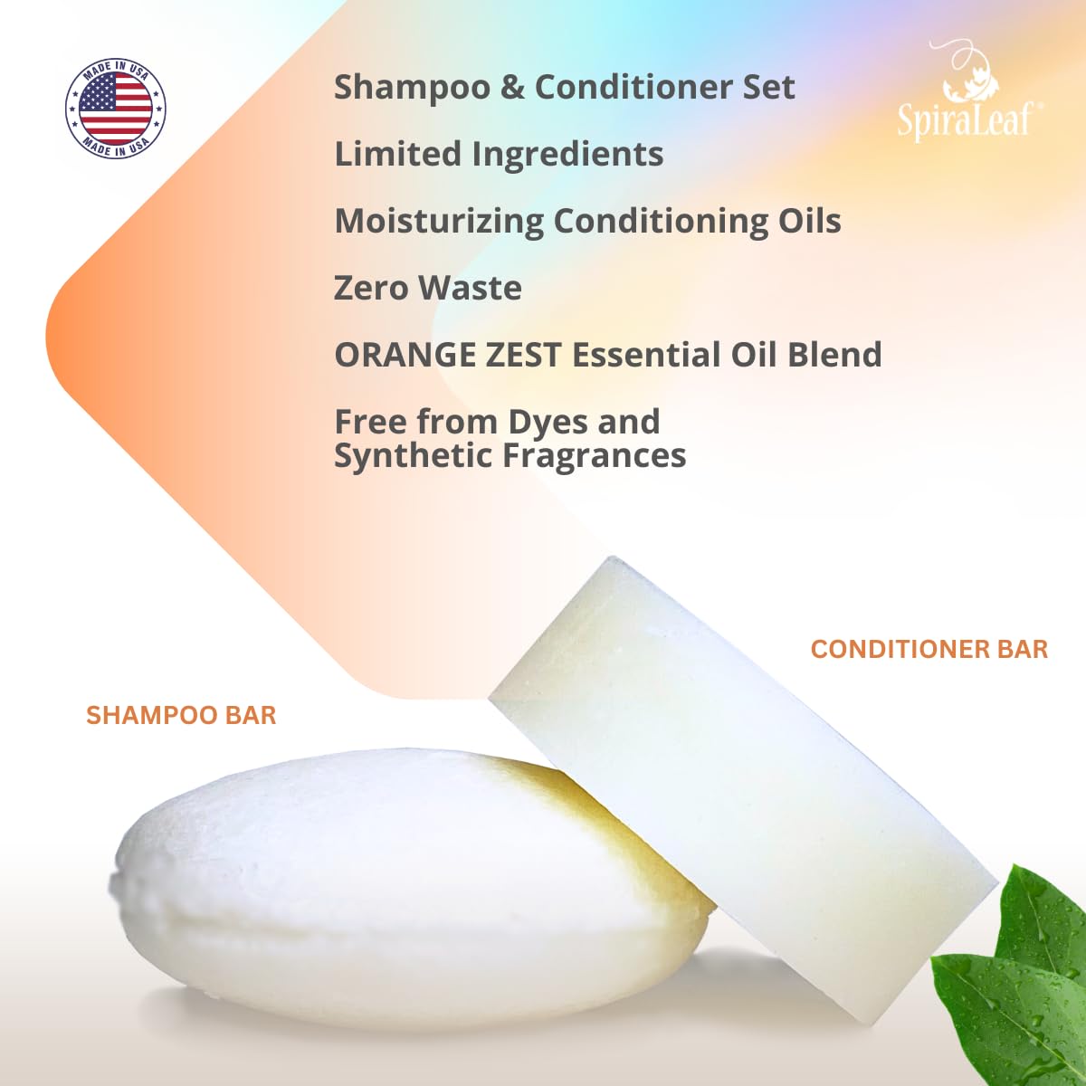SPIRALEAF Solid Shampoo Bar & Conditioner Bar Set, ORANGE ZEST Limited Ingredients, Concentrated Formula, Fragrance-Free, Dye-Free, Premium Hair Care Beauty & Personal Care Spiraleaf