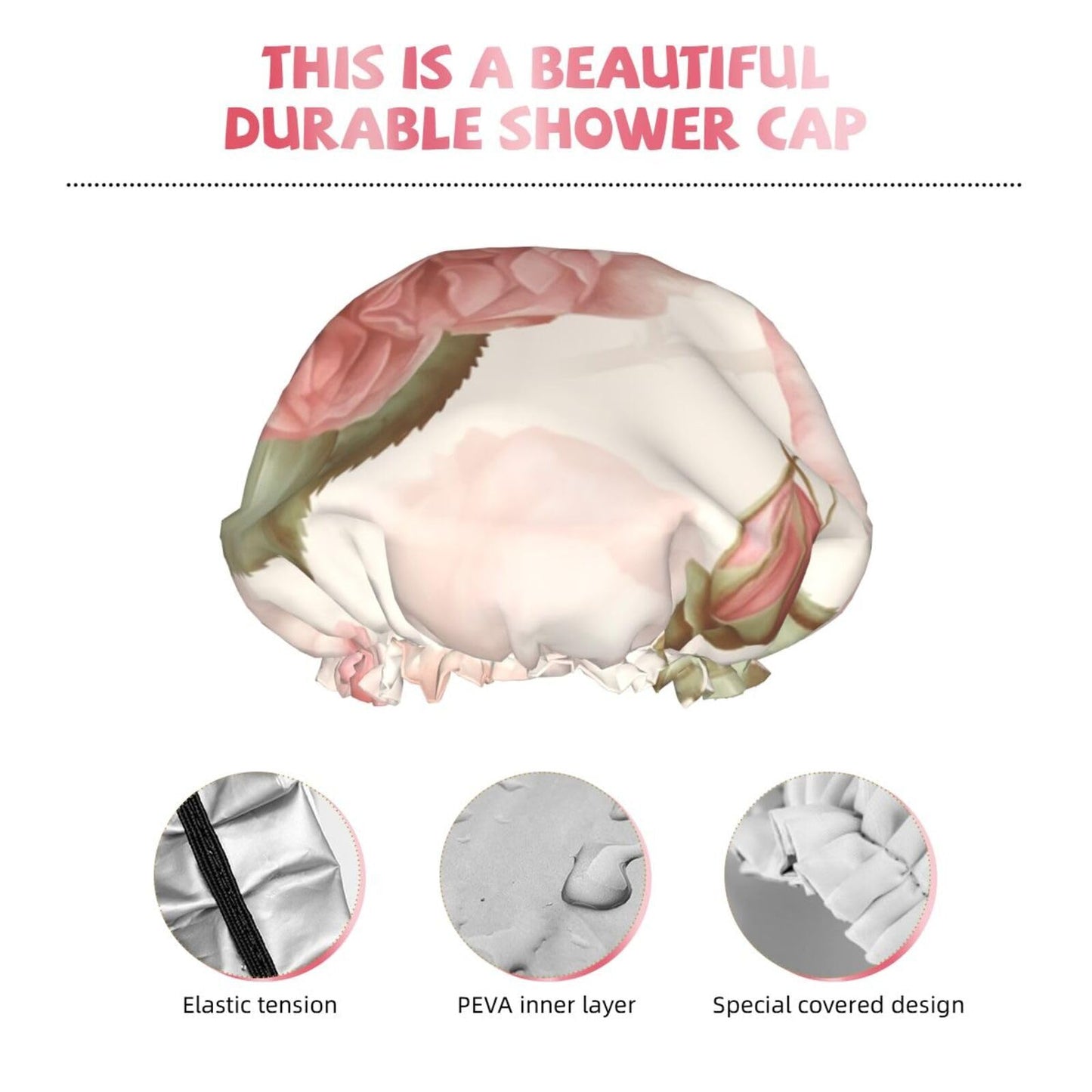 Beauty Roses Shower Cap for Women Men Large Reusable Shower Bonnet Double-Layer Waterproof Bath Caps Elastic Band Hair Hat for All Hairstyles Beauty and Personal Care BWLHJKE