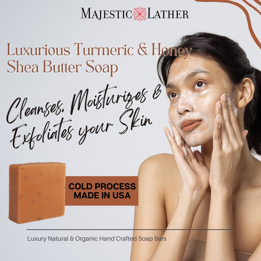 Turmeric & Honey Luxury Handmade Bar Soap for Face & Body. Gentle Cleansing, Soothing, Moisturizing & Nourishing - Shea Butter & Natural Oils. Cold Beauty & Personal Care Majestic Lather