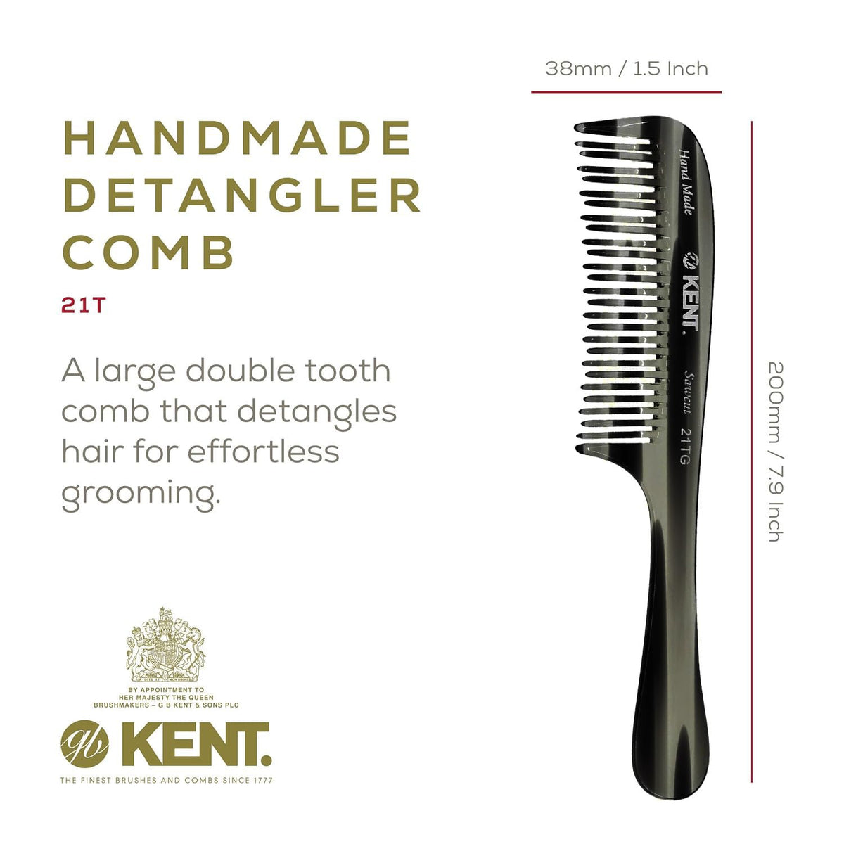 Kent 21T Black Graphite Large Detangling Comb, Wide Teeth for Thick Curly Wavy Hair. Long Hair Detangler Comb For Wet and Dry. Handmade of Quality