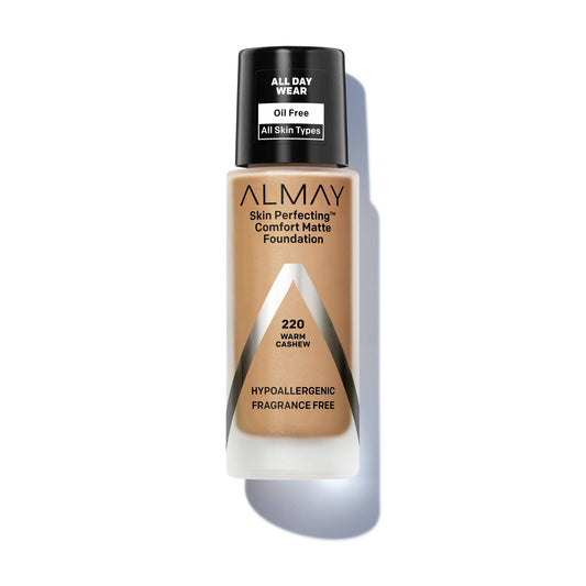 Almay Skin Perfecting Comfort Matte Foundation Liquid Makeup, Hypoallergenic, Cruelty- & Fragrance-Free, Dermatologist-Tested, 220 Warm Cashew, 1 fl