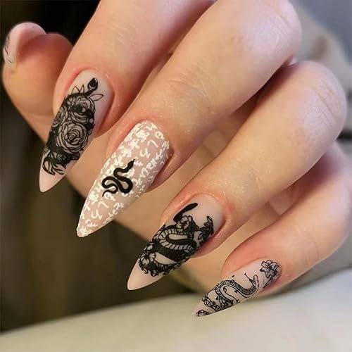 IMSOHOT Almond Press on Nails Medium Matte Nude Fake Nails Full Cover Acrylic False Nails with Black Rose Snake Designs Glue on Nails 24pcs Beauty & Personal Care IMSOHOT