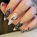 IMSOHOT Almond Press on Nails Medium Matte Nude Fake Nails Full Cover Acrylic False Nails with Black Rose Snake Designs Glue on Nails 24pcs Beauty & Personal Care IMSOHOT