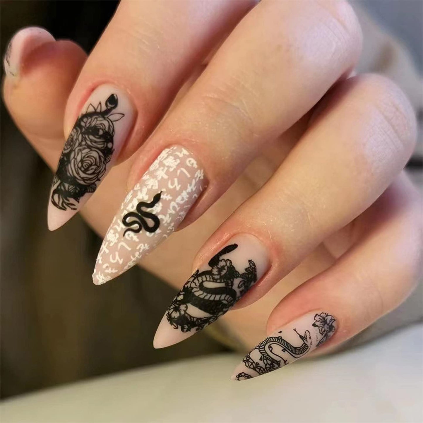 IMSOHOT Almond Press on Nails Medium Matte Nude Fake Nails Full Cover Acrylic False Nails with Black Rose Snake Designs Glue on Nails 24pcs Beauty & Personal Care IMSOHOT