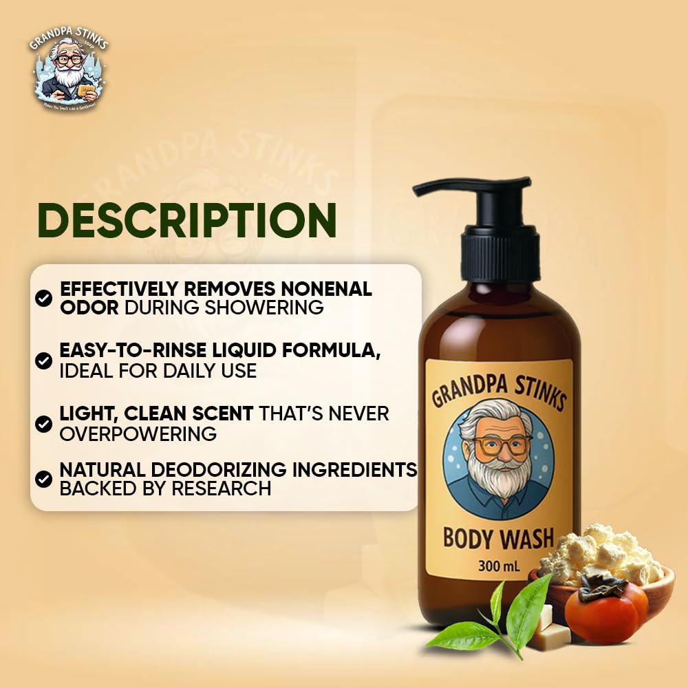 Grandpa Stinks® Body Wash - Persimmon & Green Tea Deodorizing Cleanser - Natural Odor Eliminator for Men - Hydrating Daily Shower Gel with Shea Butter Beauty & Personal Care Grandpa Stinks