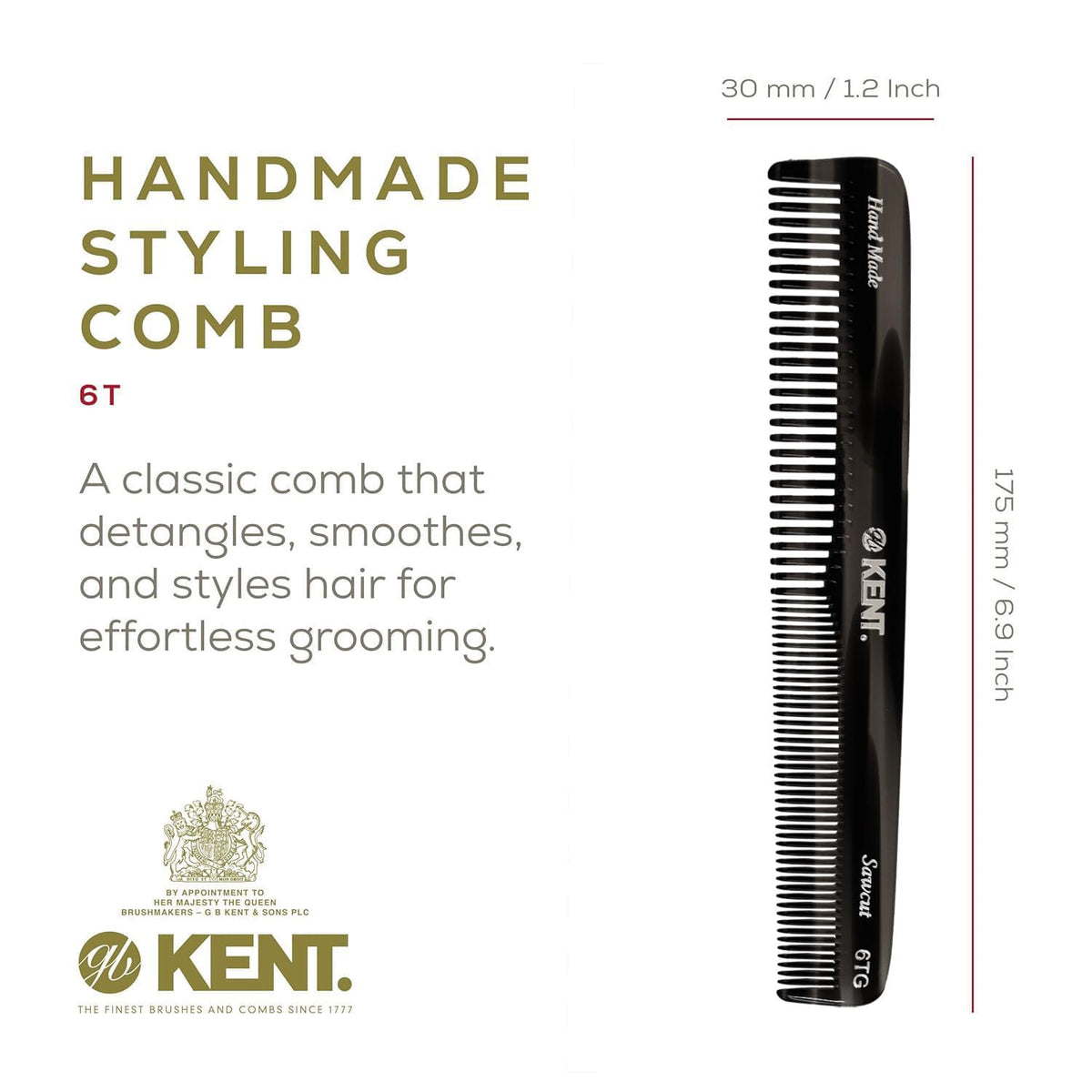 Kent 6T Black Graphite Fine Tooth and Wide Tooth Hair Comb, Handmade Styling Comb for Hair Care, Barber Combs, Beard Combs For Men, Styling Grooming