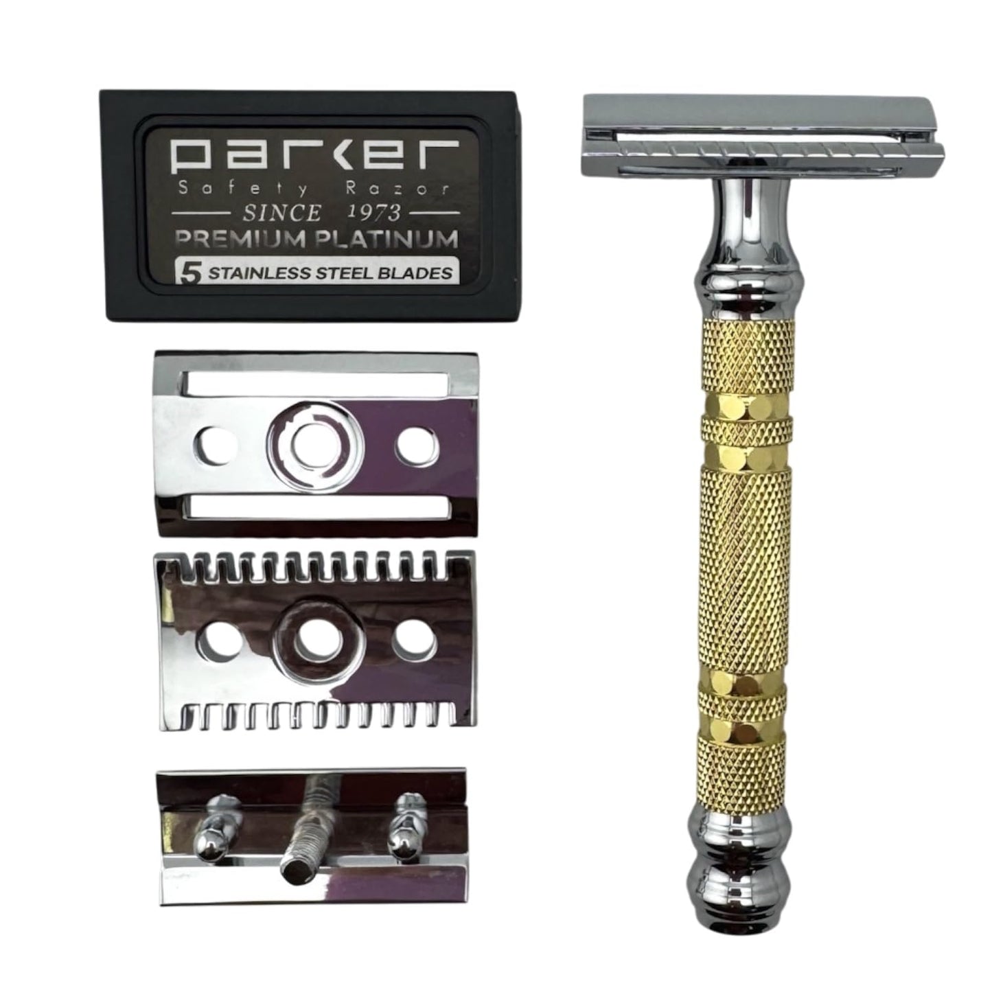 Parker, "The Convertible", Double Edge Safety Razor - Interchangeable Open & Closed Comb Plates, Solid Brass/Chrome 93 g Handle, Customizable Shave Beauty and Personal Care Parker Safety Razor