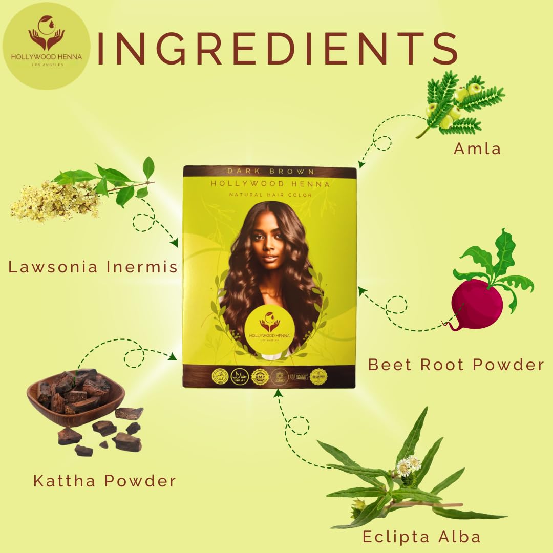 Hollywood Henna Hair Color Kit (Dark Brown) Organic Color Hair Beard Dye (Pack of 1-100g) Henna Based Hair Colors with Pure Herbs Free Chemicals Long Beauty & Personal Care Hollywood Henna