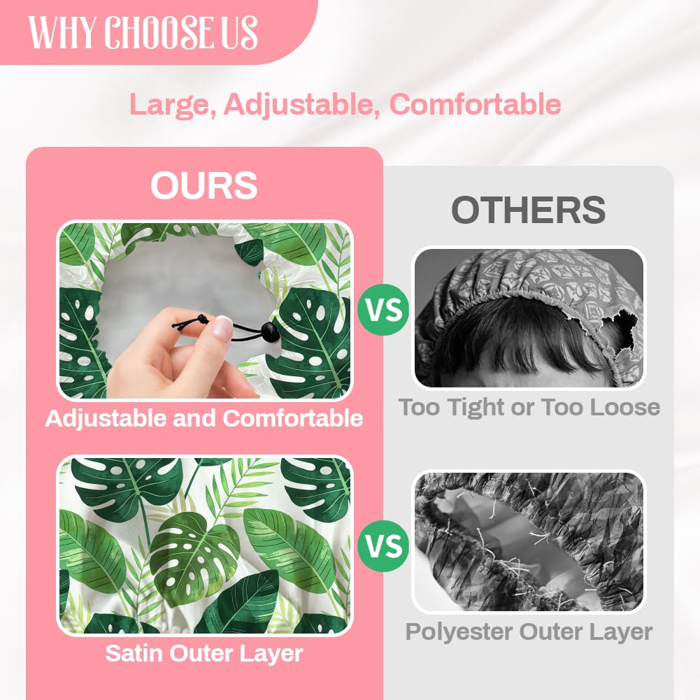 DELORIGIN Tropical Leaves Reusable Shower Cap Green Monstera Double Layer Waterproof Shower Caps Large Elastic Hair Cover Adjustable Hair - Drying Beauty and Personal Care DELORIGIN