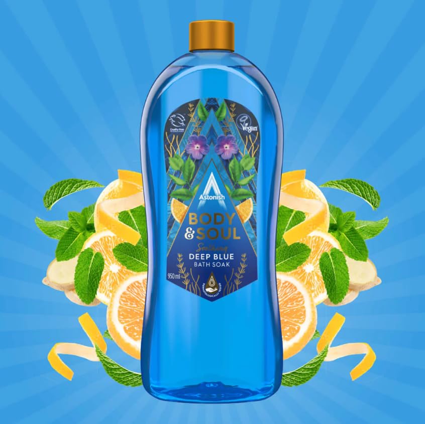 Astonish Body & Soul Soothing Deep Blue Bath Soak with Moisturizer 950ml Bottle - Relaxing BubbleBath with Mandarin, Ginger, Mint & Sea Mist Scent Beauty and Personal Care Astonish