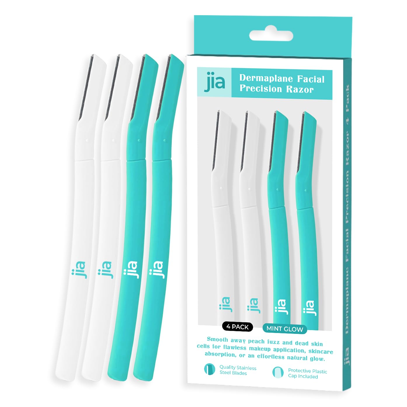 Jia Dermaplane Facial Precision Razor 4-Pack, Mint Glow - Eyebrow Trimmer & Face Shaver for Women and Men, Peach Fuzz & Dead Skin Cell Removal Tool Beauty and Personal Care jia Personal Care