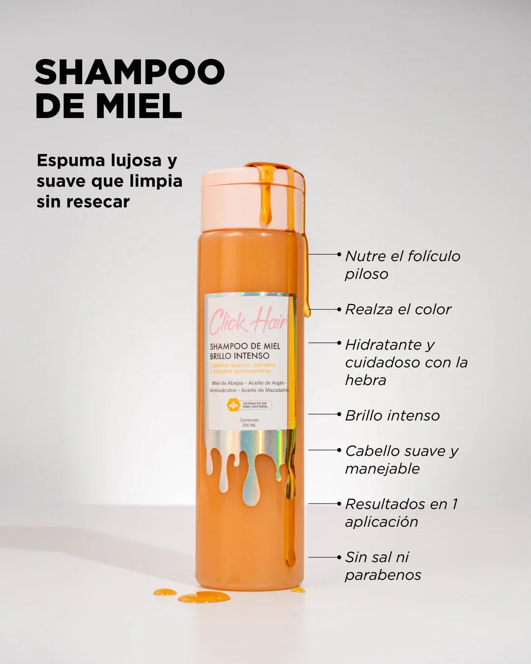 Click Hair Honey Shampoo Intense Shine | Shampoo De Miel Brillo Intenso Colombia (10.1oz - 300ml)