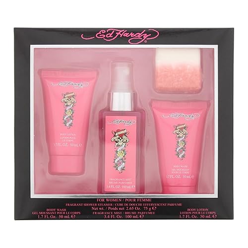 Ed Hardy 4 Pieces Gift Set for Women, (3.4 Ounce Body Mist + 1.7 Ounce Body Lotion + 1.7 Ounce Body Wash + 2.65 Ounce Shower Steamer) Beauty & Personal Care ED HARDY