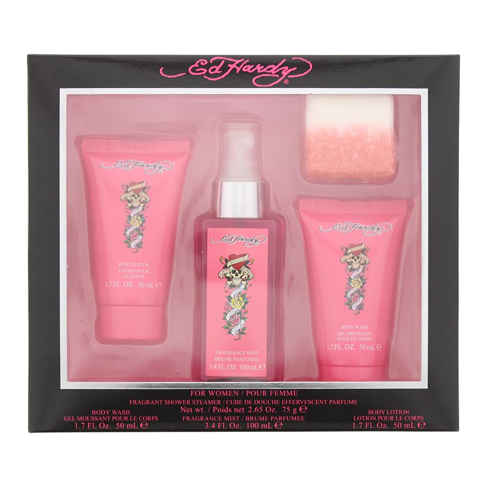 Ed Hardy 4 Pieces Gift Set for Women, (3.4 Ounce Body Mist + 1.7 Ounce Body Lotion + 1.7 Ounce Body Wash + 2.65 Ounce Shower Steamer) Beauty & Personal Care ED HARDY