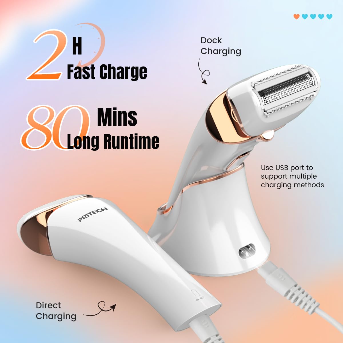 PRITECH Electric Razor for Women - Rechargeable Shaver for Women Portable Lady Shaver for Legs, Arm, Underarms, Bikini, USB Rechargeable, Wet & Dry Beauty and Personal Care PRITECH