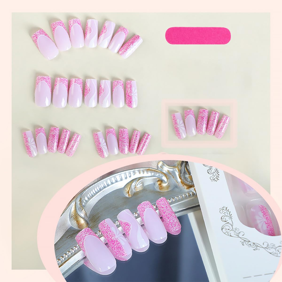 Square Press on Nails Medium Hot Pink Fake Nails Glitter Flower with line Design Pink French Tip False Nails Stick on Nails Full Cover Artificial Glue Beauty and Personal Care DZPGUONIZ