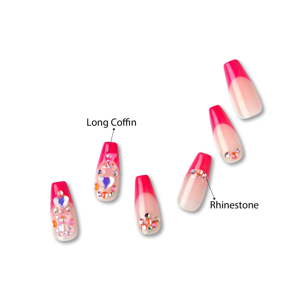 GoldFinger Premium Luxury False Nails Kit, Ready to Wear Pink French Nails, Manicure Stick and Glue Included, Long Coffin Shape with 3D Rhinestones