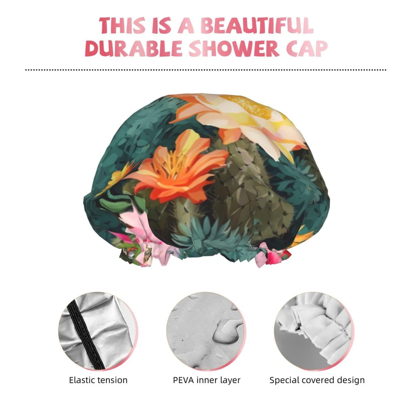 Summer Floral Cactus Shower Cap for Women Men Large Reusable Shower Bonnet Double-Layer Waterproof Bath Caps Elastic Band Hair Hat for All Hairstyles Beauty and Personal Care BWLHJKE