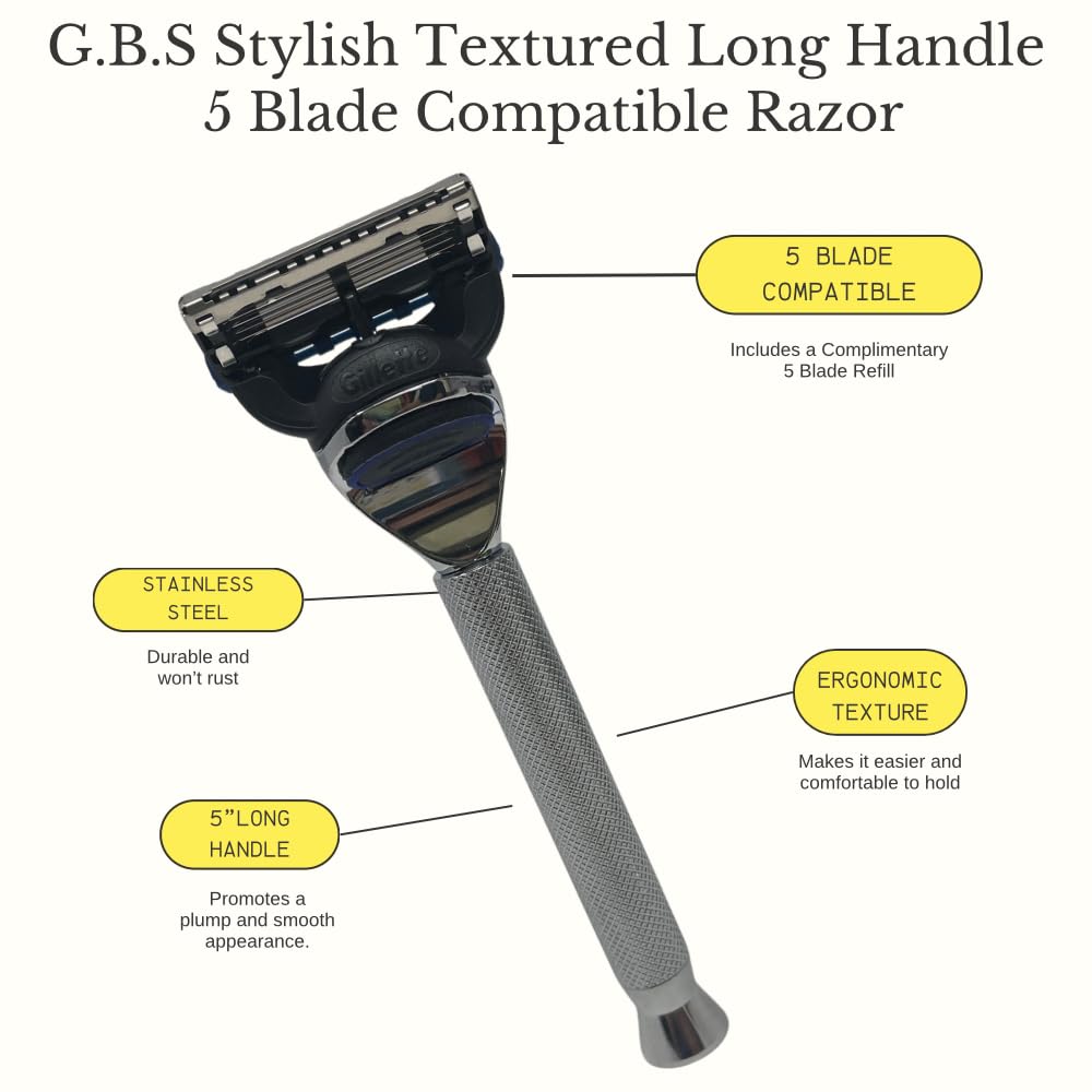 G.B.S Men's - 5 Blade Compatible Shaving Razor Textured Handle 1 Razor Handle and 1 Cartridges - Razors for Men Sensitive Skin, 5 Blade Razor, Mens Beauty and Personal Care G.B.S