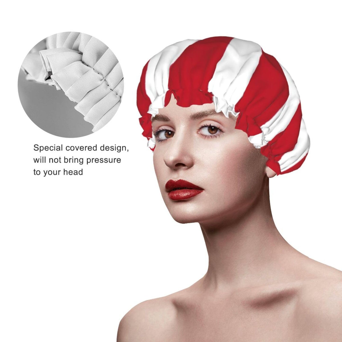 Red White Stripe Shower Cap For Women Adjustable Double Waterproof Layers Bathing Shower Hat Hair Protection Reusable Ladies Spa Salon Shower Hat Beauty and Personal Care Sjilai